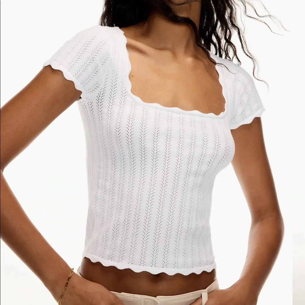 Aritzia Wilfred white Parcel Sweater Short-sleeve pointelle top medium scallop - Picture 2 of 7